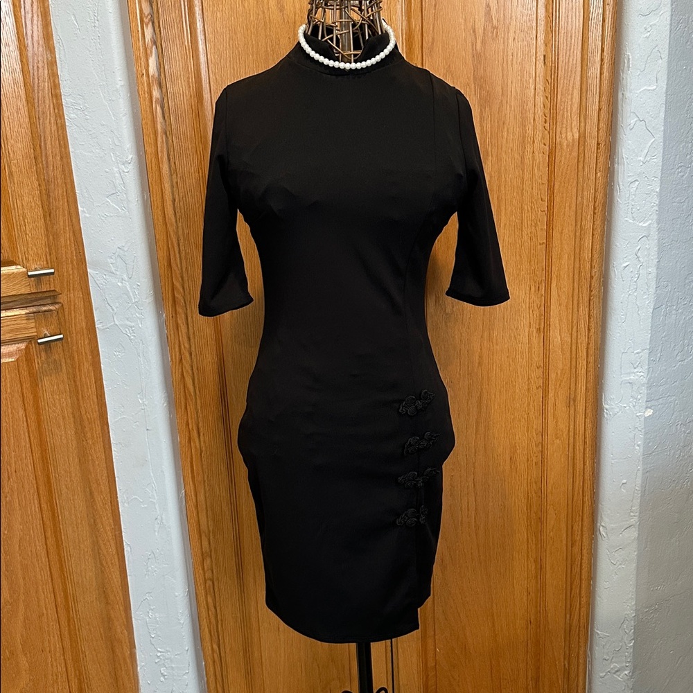 Fashion Nova Black 3/4 Sleeve Dress. Size Medium. Back zip, side slit